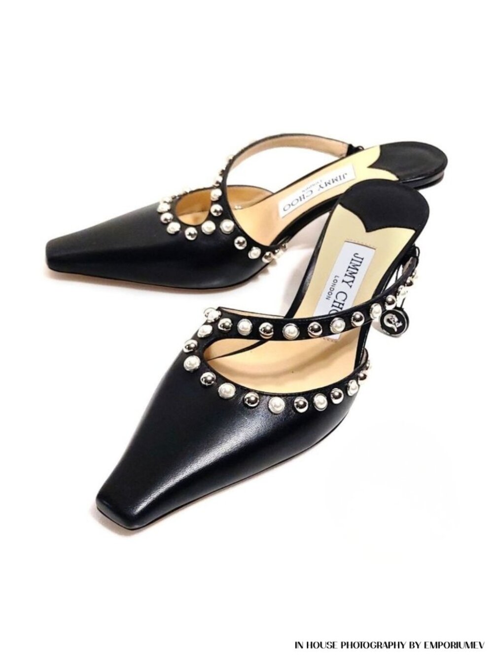 Jimmy Choo Ros 65 Black Leather Studded Metal Pearls Straps EU 36.5 US 6.5 Mules